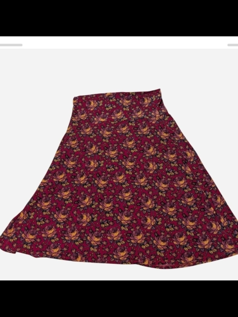 LuLaRoe Burgundy Floral A-Line Skirt with Yellow Blossoms